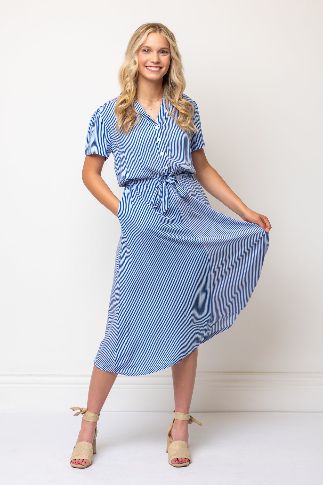Short Sleeve Floral Midi Length Shirtdress Tie Waist- Blue/White Stripe