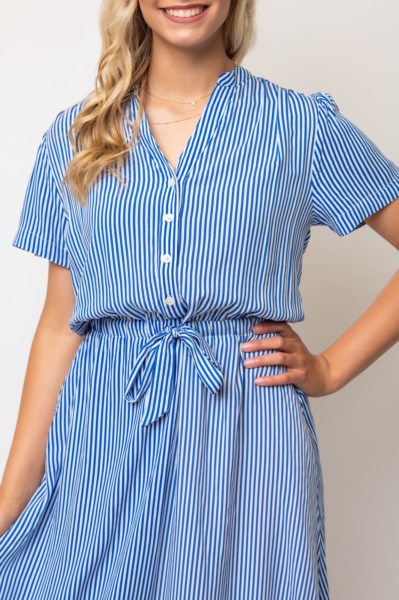 Short Sleeve Floral Midi Length Shirtdress Tie Waist- Blue/White Stripe